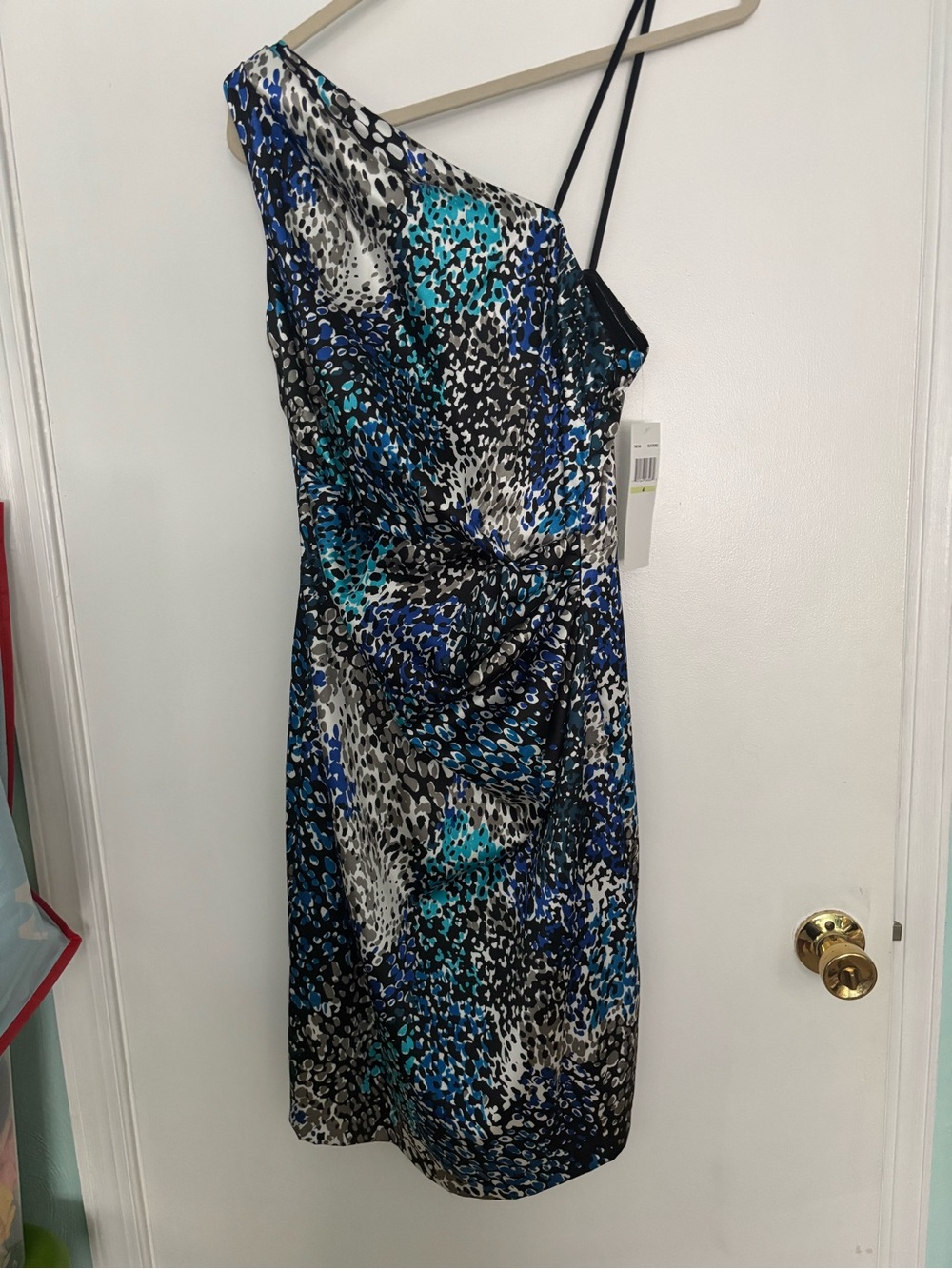 NWT Size 4 One-Shoulder Blue & Black Abstract Print Dress